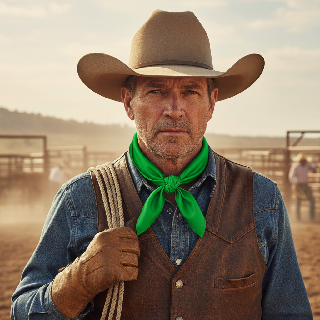 Cowboy wearing Kelly green wild rag scarf in traditional western style with cowboy hat and ranch wear