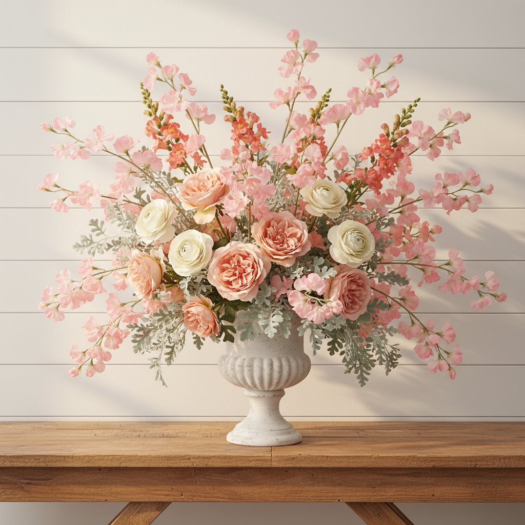 Blush pink sweet pea artificial flower stems with peach roses, coral snapdragons, and dusty miller in a white urn farmhouse arrangement