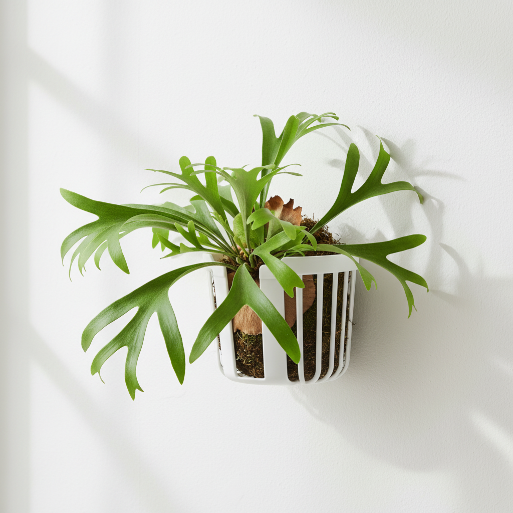 White acrylic hanging planter basket with staghorn fern growing outward through front slot mounted on white wall modern minimalist botanical decor