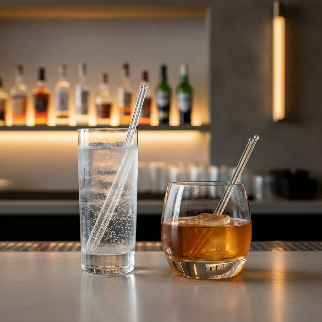 Clear glass stir sticks in elegant cocktail glasses on modern bar counter, sophisticated minimalist bar setting