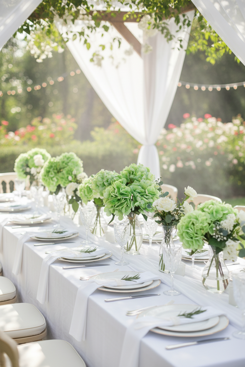 Spring wedding reception centerpiece with light green hydrangea stems in glass vases on elegant white linens