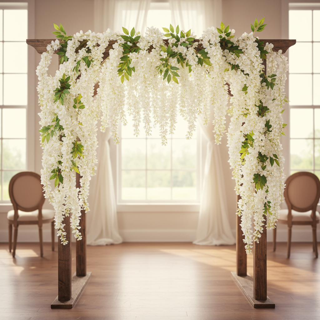 Artificial white wisteria stem hanging from a rustic wooden wedding arch in a bright airy venue