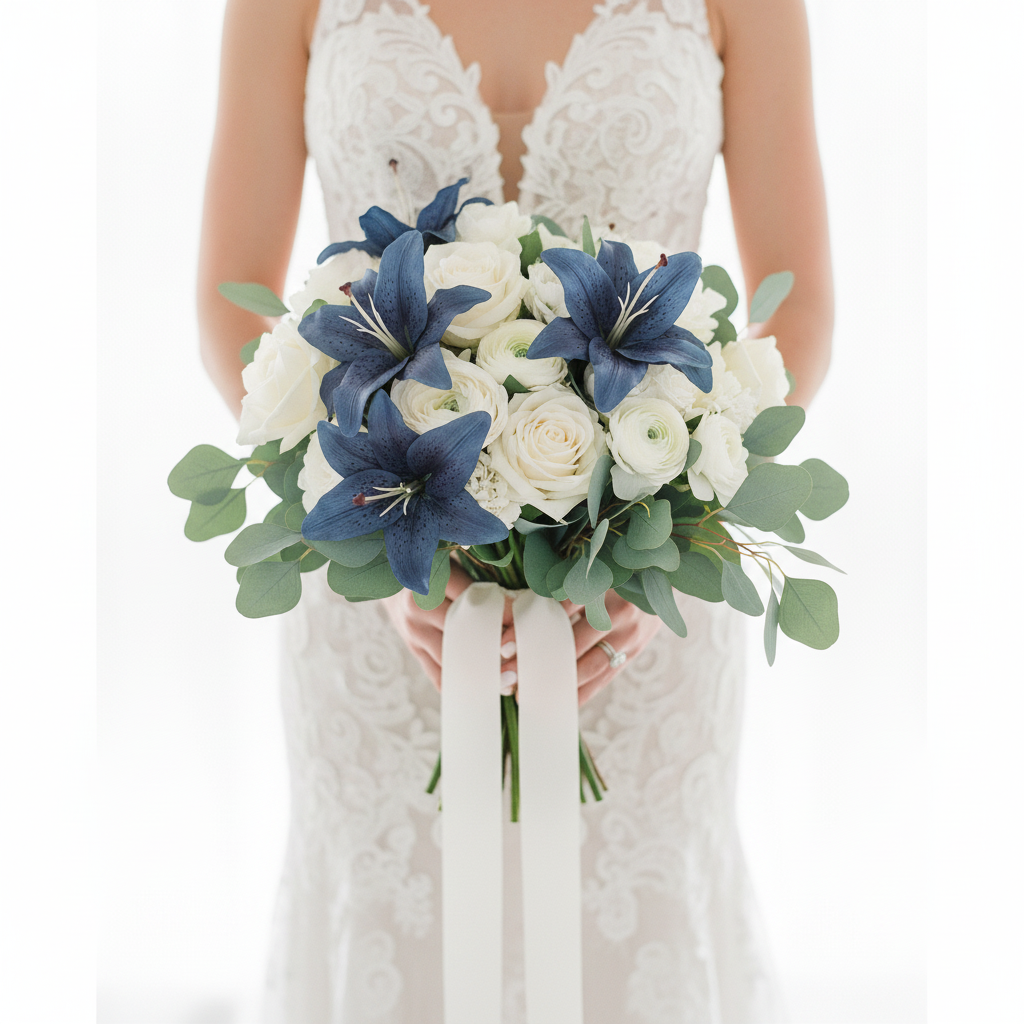 Luxury blue artificial tiger lily wedding bouquet with white roses, ranunculus, and eucalyptus greenery