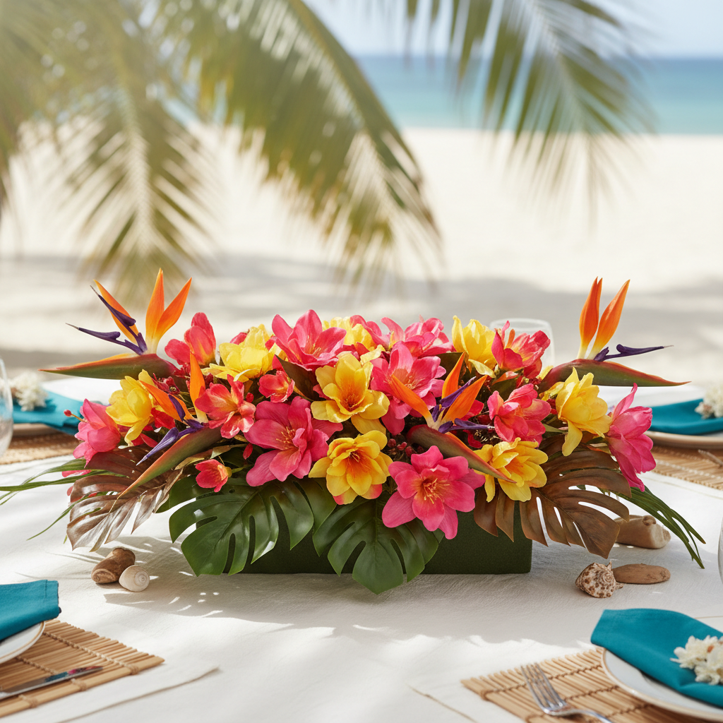 Tropical artificial silk pink and coral flower rectangular centerpiece on dry floral foam block for beach wedding or luau party