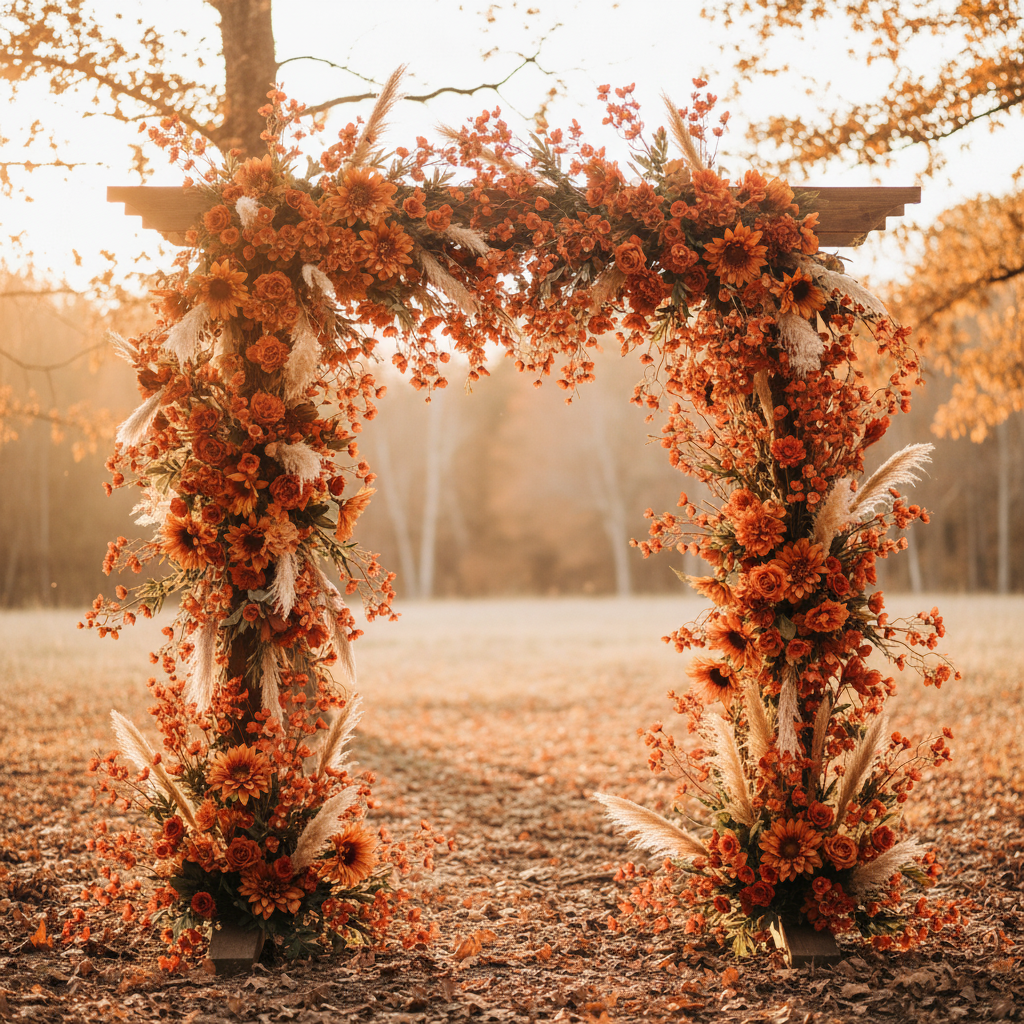 Artificial terracotta coral dogwood stems woven into fall wedding arch with burnt orange dahlias and dried grasses at golden hour