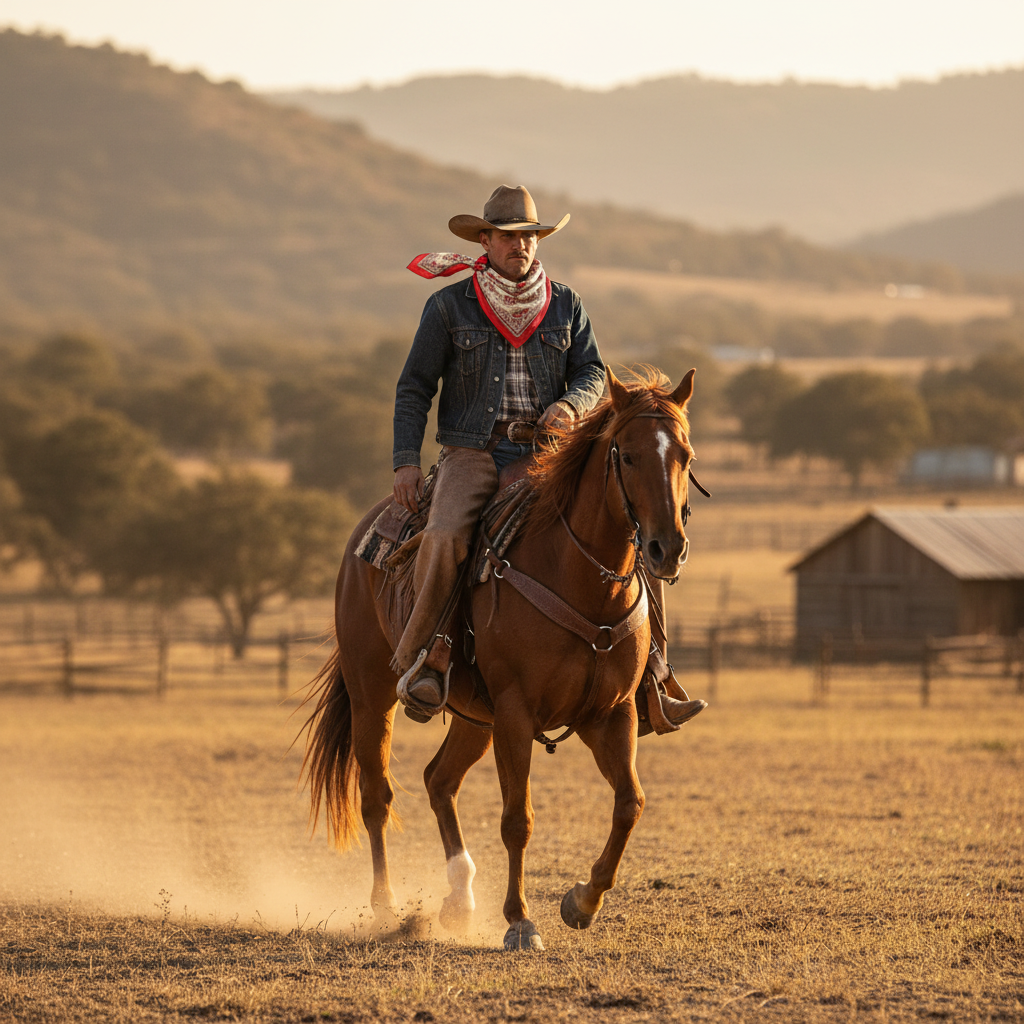 Cowboy on horseback wearing red paisley satin wild rag scarf riding through ranch landscape golden hour