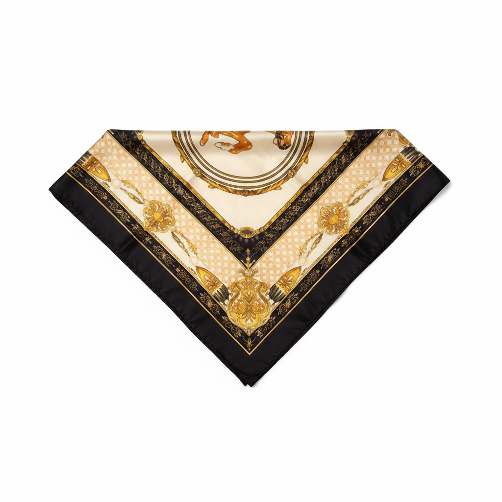 Navy gold equestrian horse medallion satin square scarf folded into triangle on white background showing horse medallion center and gold chain border