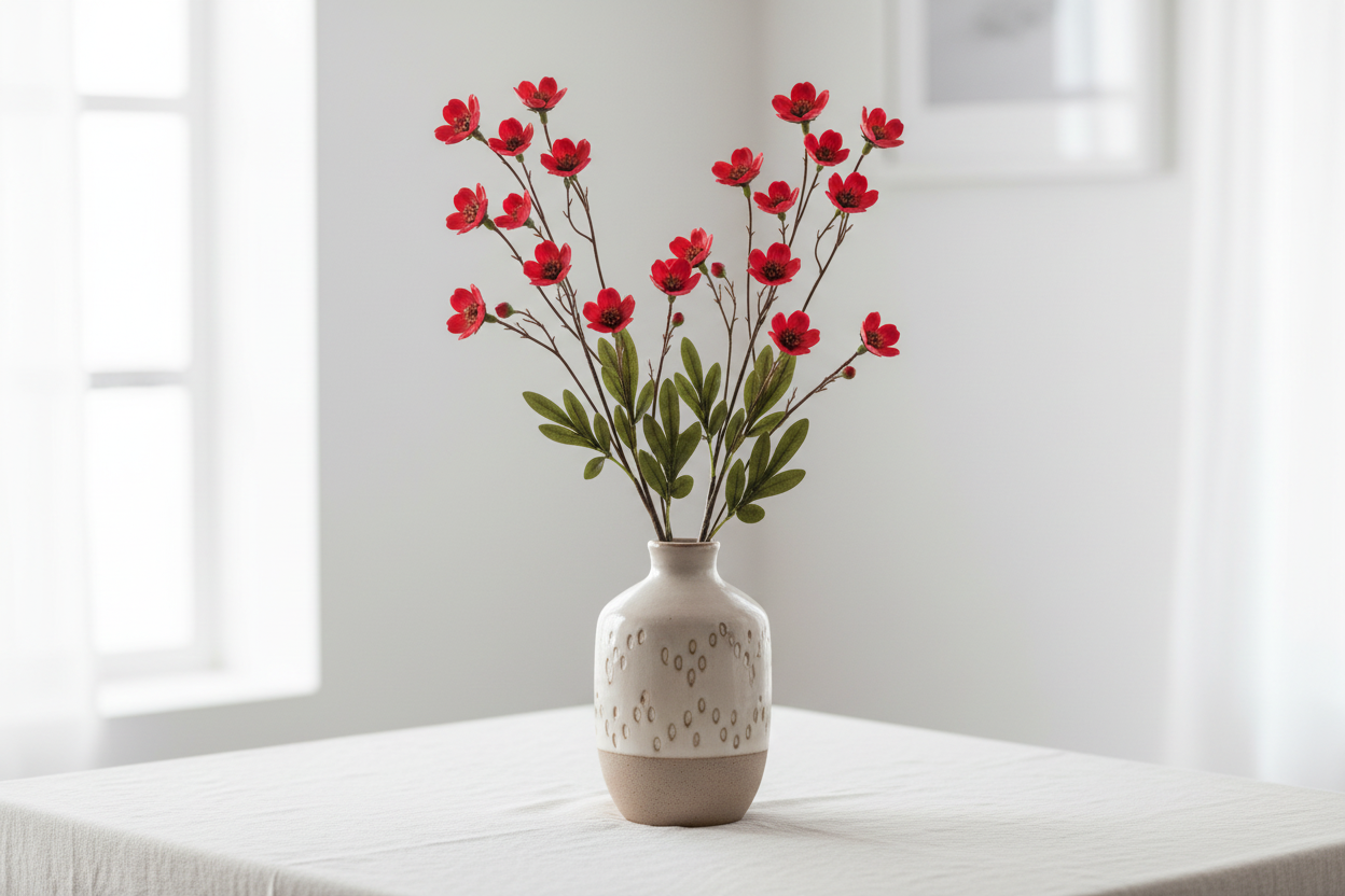 Faux red dogwood stems in neutral boho ceramic vase on cream linen
