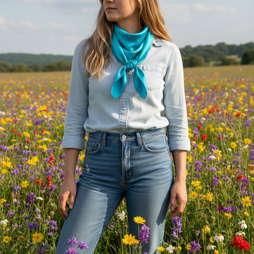 Woman in spring wildflower field wearing aqua blue wild rag scarf