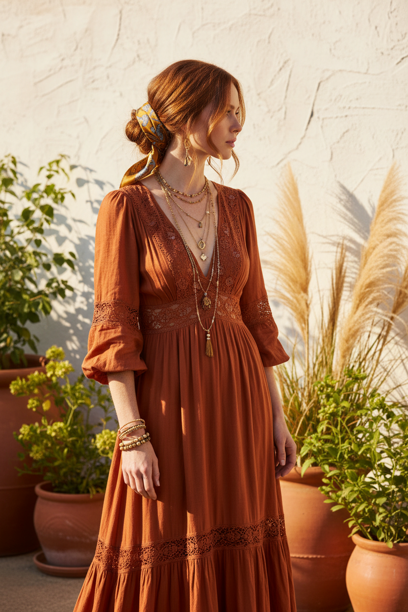Woman with auburn red hair wearing mustard gold satin paisley scarf wrapped naturally around a boho bun in a rust orange maxi dress with gold and wooden bead jewelry in a pampas and terracotta boho outdoor setting
