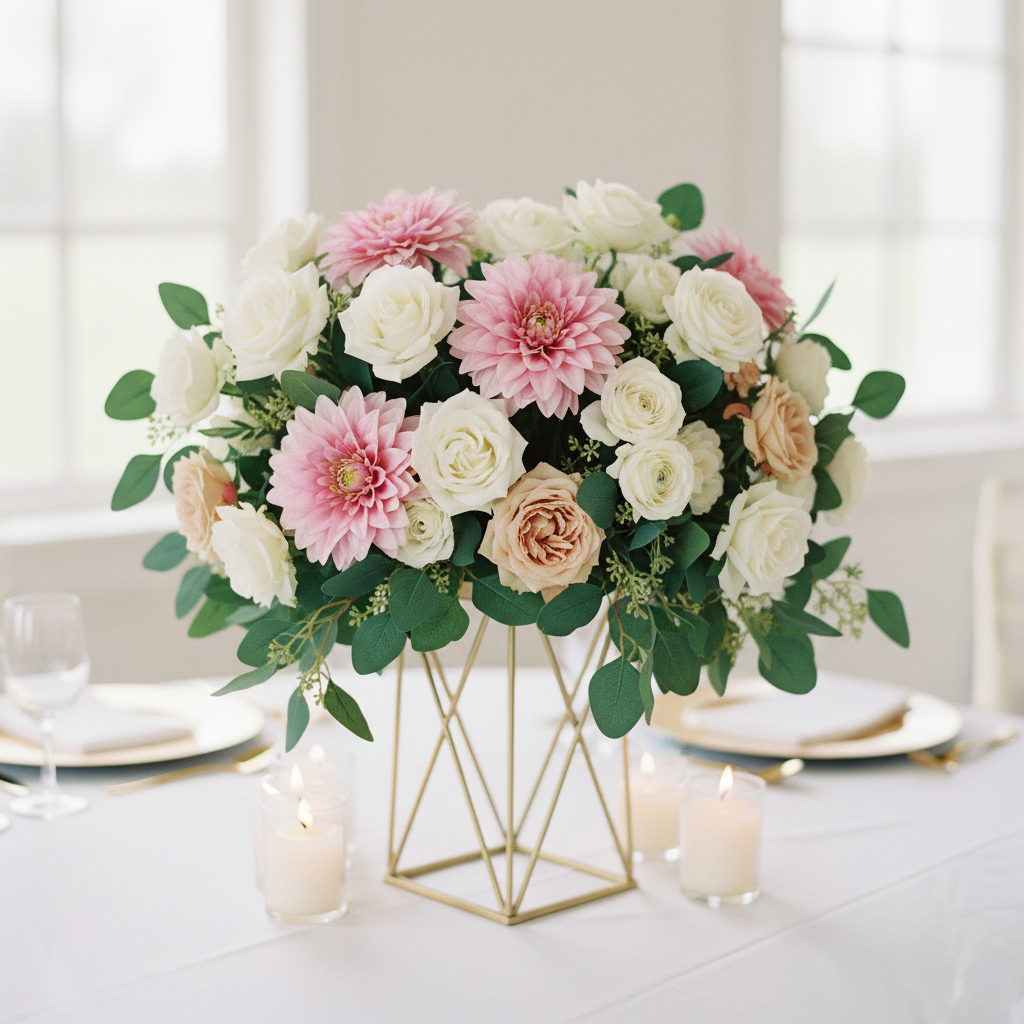 Elegant wedding table centerpiece with soft pink dahlia stems, white roses and blush peonies in gold geometric vase with candles