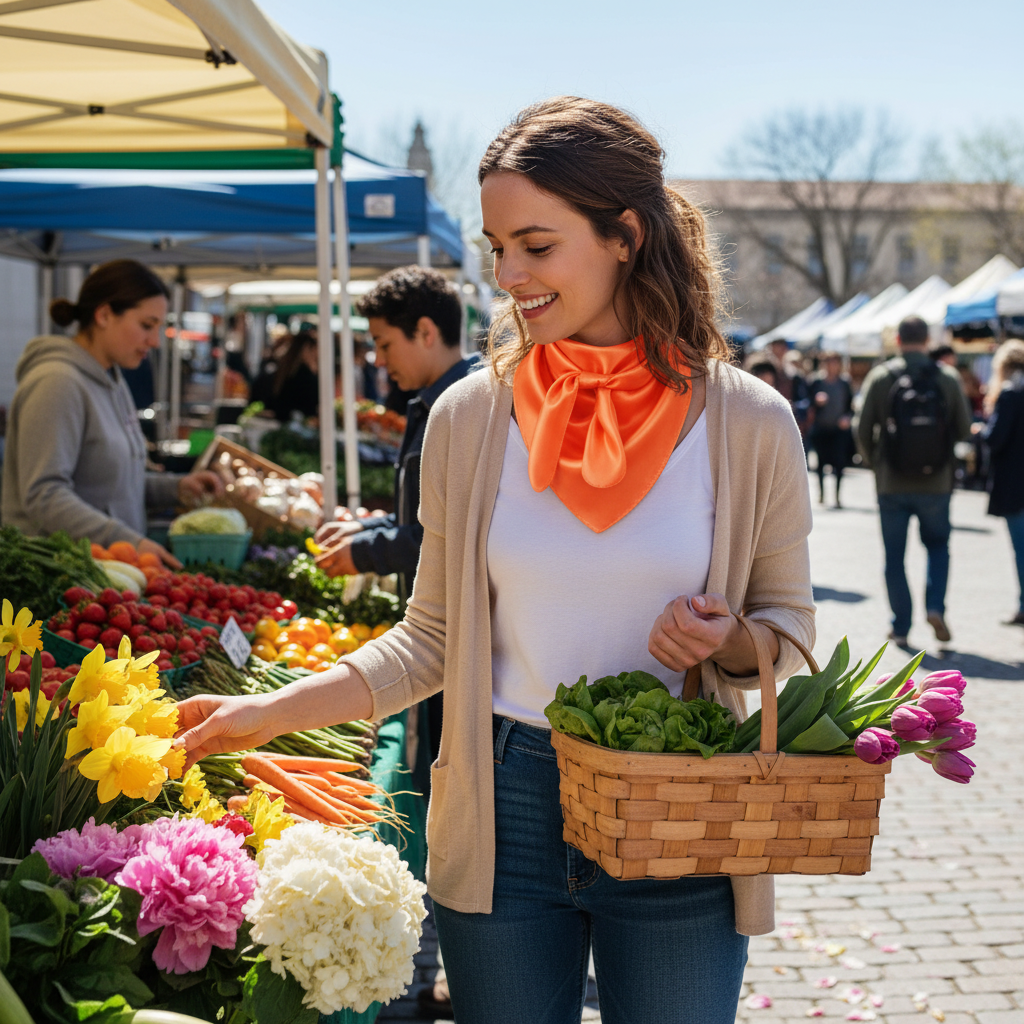 Spring farmers market scene with woman wearing coral orange wild rag scarf browsing fresh flowers