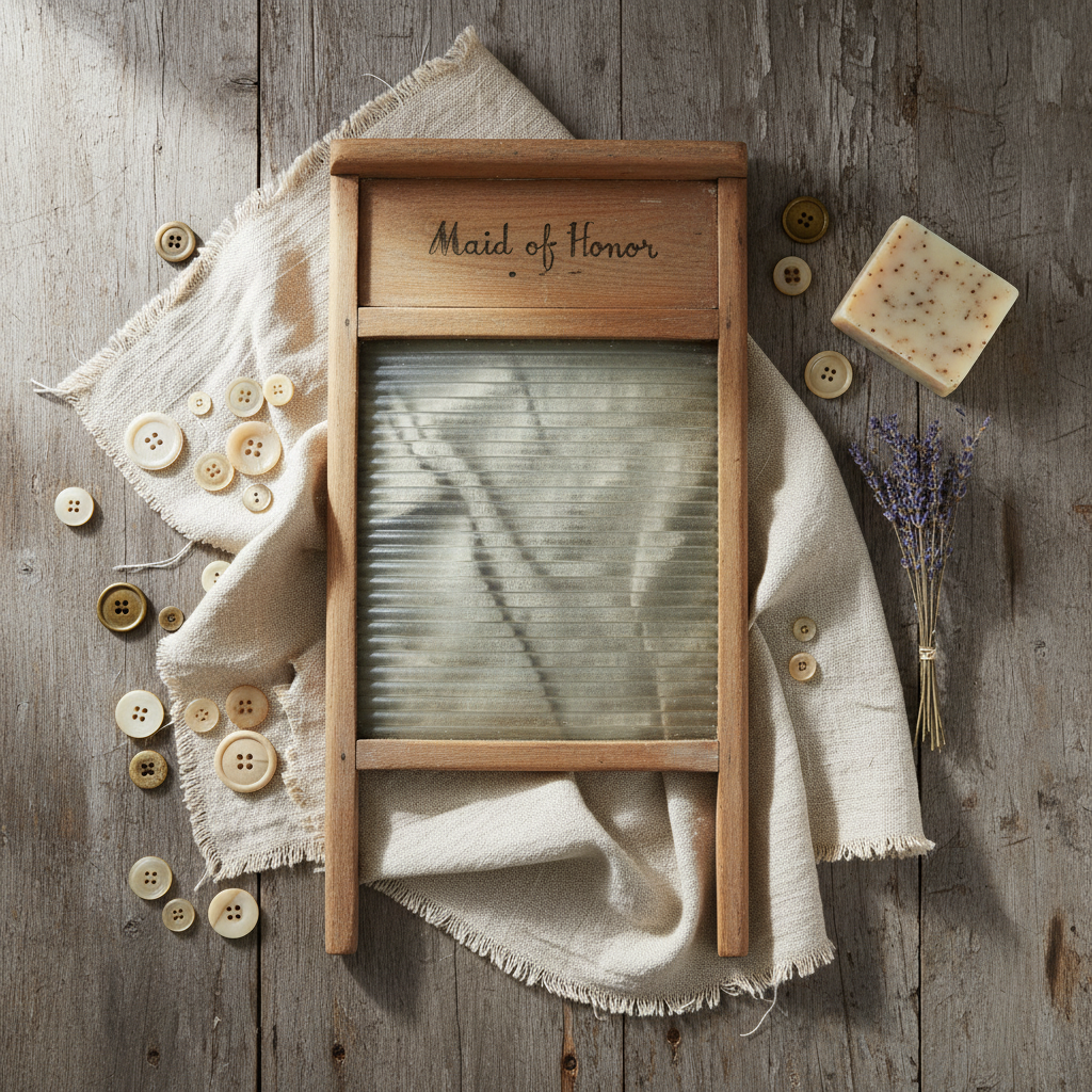 Vintage Maid of Honor wooden washboard photography prop flat lay with antique linen soap and dried lavender on weathered wood