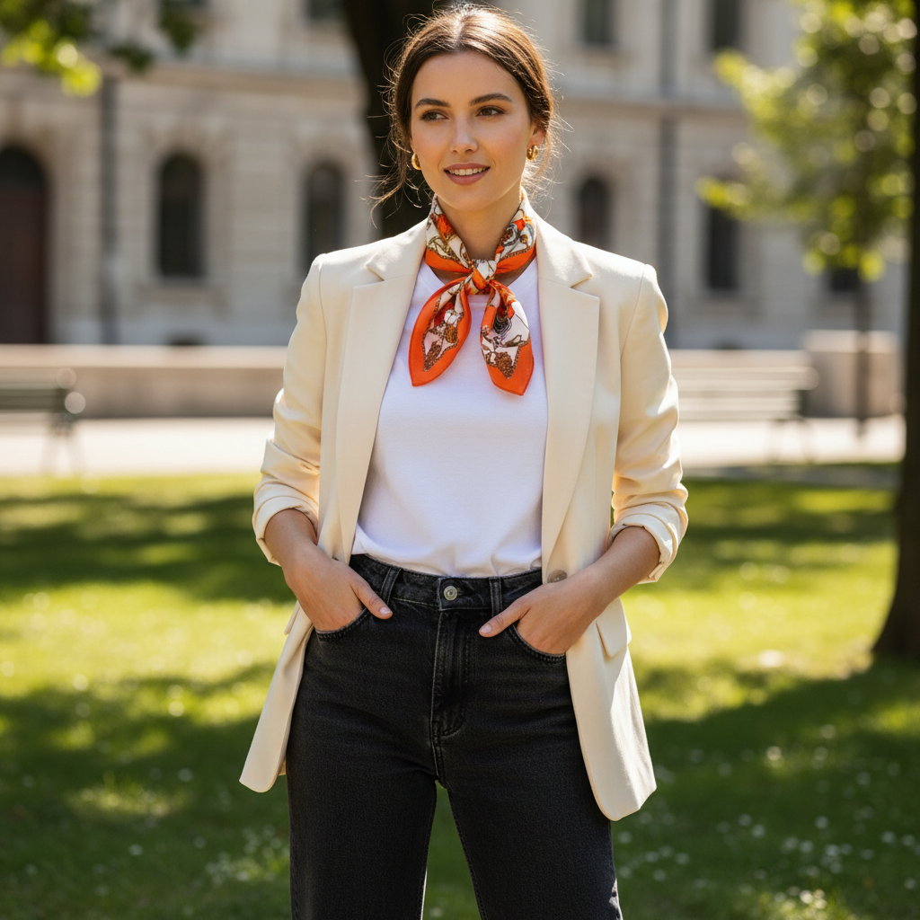 Woman Wearing Orange Equestrian Horse Chain Satin Scarf as Neck Scarf 20x20 Square Accessory