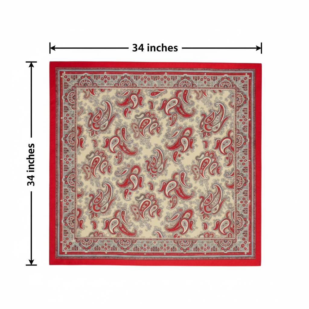 Red paisley satin square wild rag scarf measurement diagram showing 34 inches by 34 inches dimensions flat lay white background