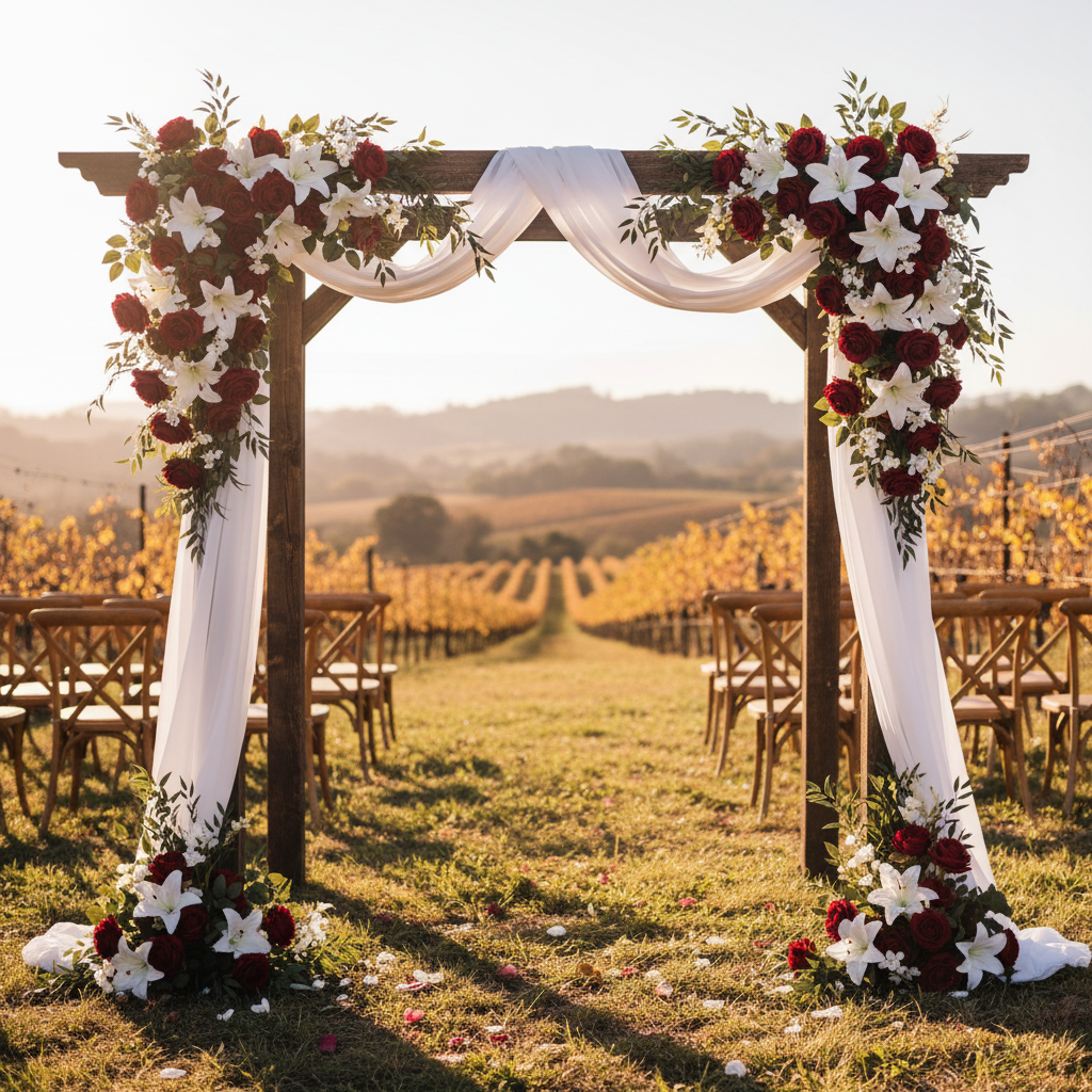 Wooden wedding arch decorated with dark red faux roses and white lilies with flowing white fabric