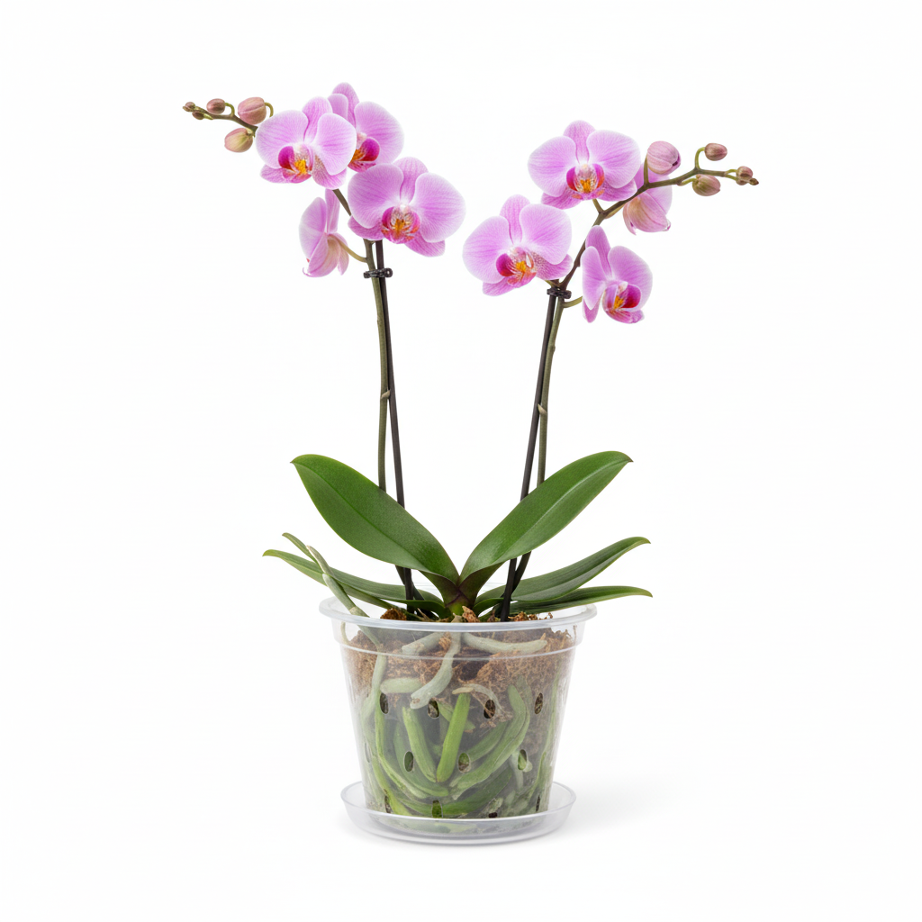 Pink orchid with healthy green roots in clear slotted pot