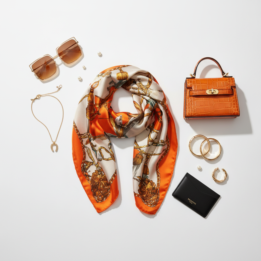 Orange Equestrian Horse Chain Satin Scarf 20x20 Flat Lay with Fashion Accessories Styling