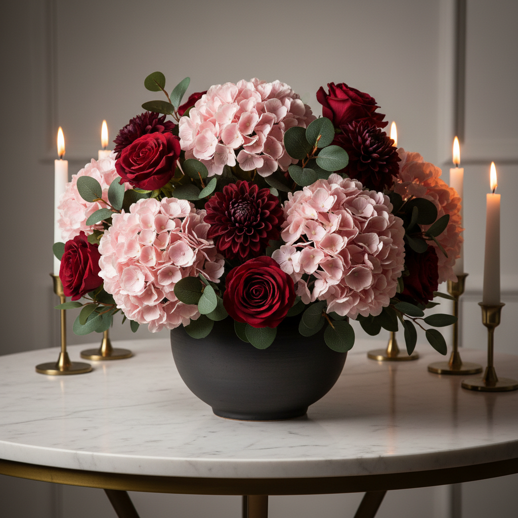 Blush pink hydrangeas with deep red roses and burgundy dahlias fully arranged in dark ceramic vase dramatic romantic styling