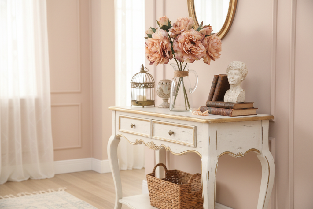 Shabby chic console table styled with blush peach peony arrangement with large bloom and French country decor