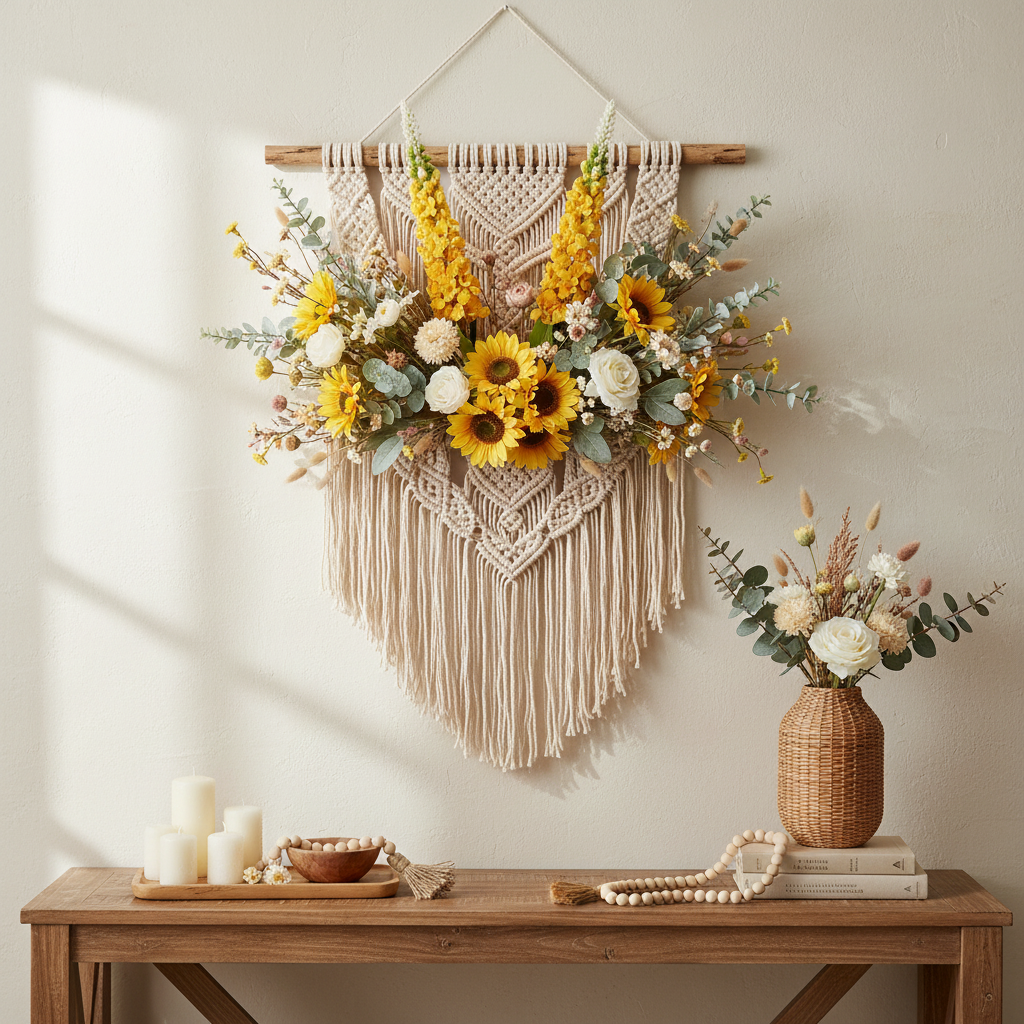 Golden yellow snapdragon larkspur spike stems in a boho macramé wall hanging with yellow sunflowers, cream roses and eucalyptus, console table with candles and rattan vase below