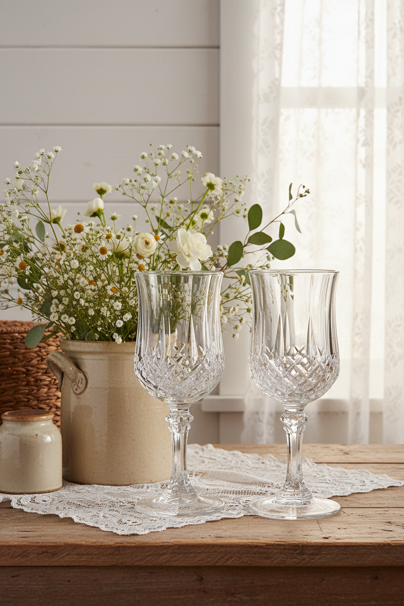 Vintage Cristal D'Arques Longchamp diamond-cut crystal wine goblets set of 2 styled in a cottagecore vignette with white wildflowers in a cream stoneware crock, lace doily, and shiplap wall backdrop