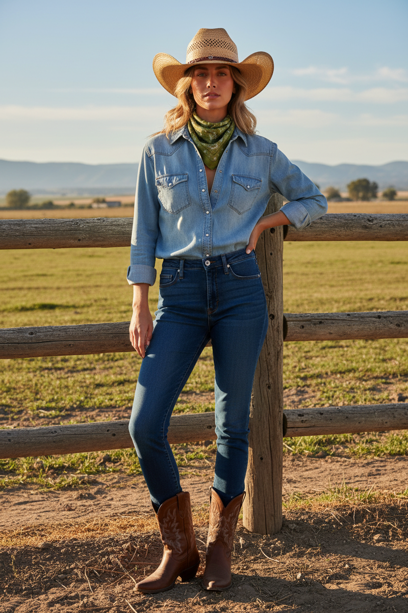 Olive green satin paisley wild rag scarf tied snugly at the throat in classic wild rag style, worn by a woman in a western shirt outdoors at a ranch fence with golden hour sunlight and open pasture in the background