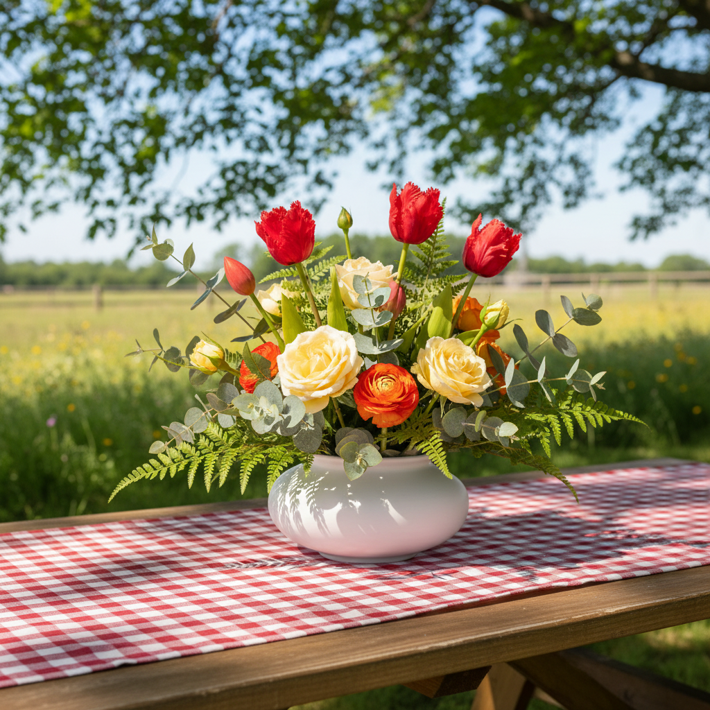 Artificial Red Parrot Tulips Country Picnic Centerpiece on Red White Checkered Tablecloth Faux Silk Flowers Summer Decor