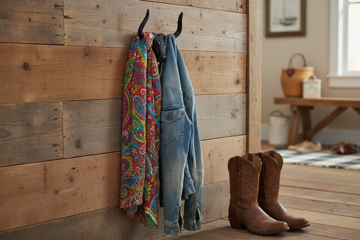 Black cast iron bull head wall hook with western scarf and denim jacket hanging from horn tips on rustic wood