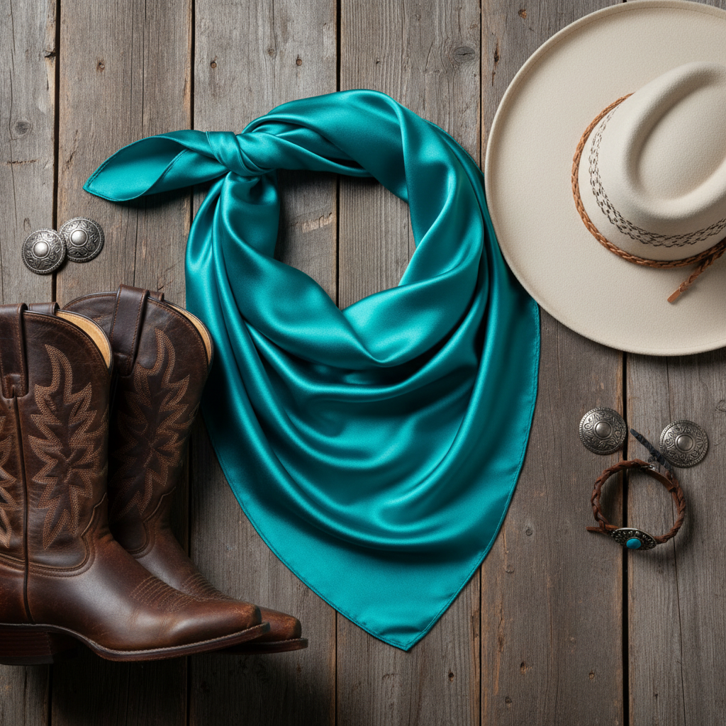 Flat lay of teal blue satin wild rag scarf on barn wood with western boots and cowboy hat