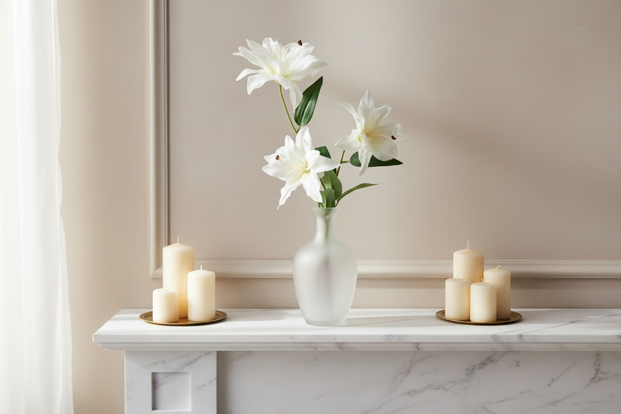 White lily stems in frosted vase on white mantel with candles, elegant timeless home decor