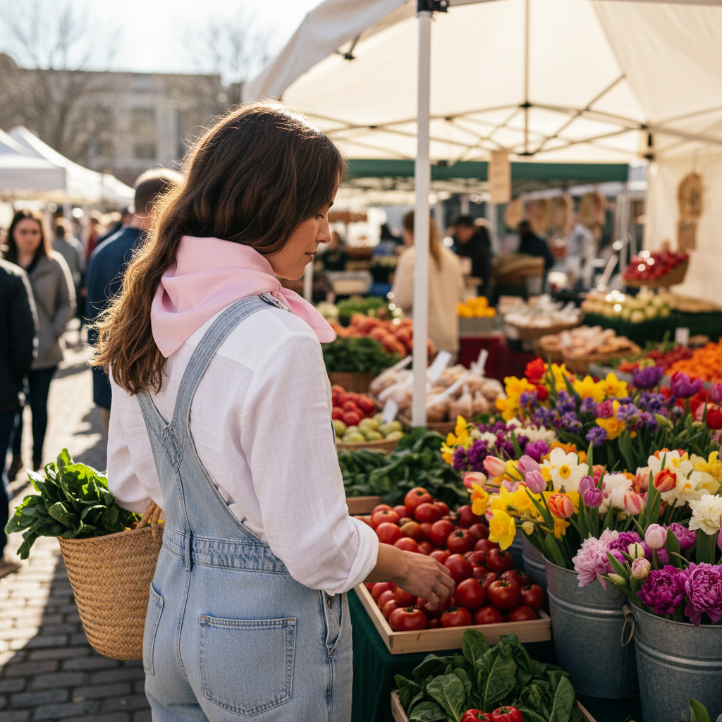Pastel pink wild rag scarf styled at spring farmers market with casual outfit and fresh produce