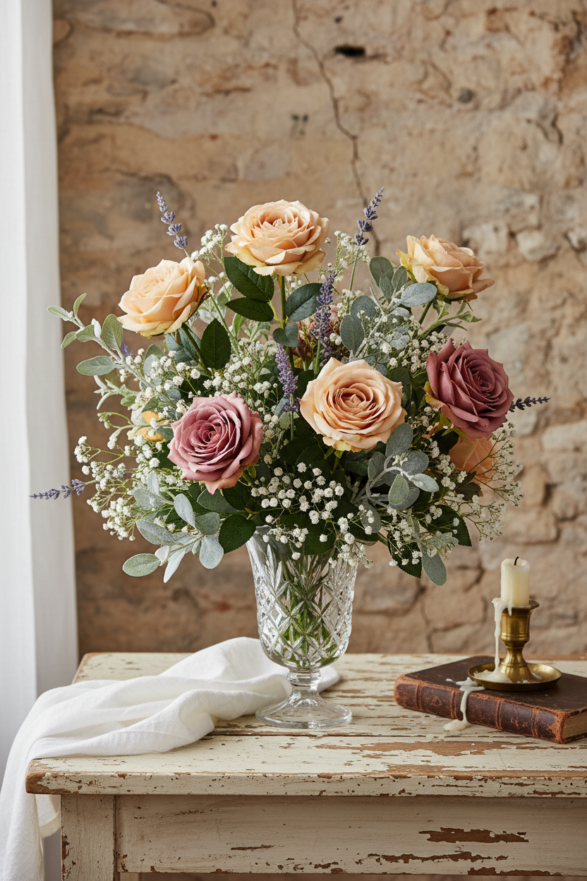 Champagne artificial rose stems mixed with mauve roses, eucalyptus, and lavender in a crystal vase styled in a French country setting on a weathered white wood surface