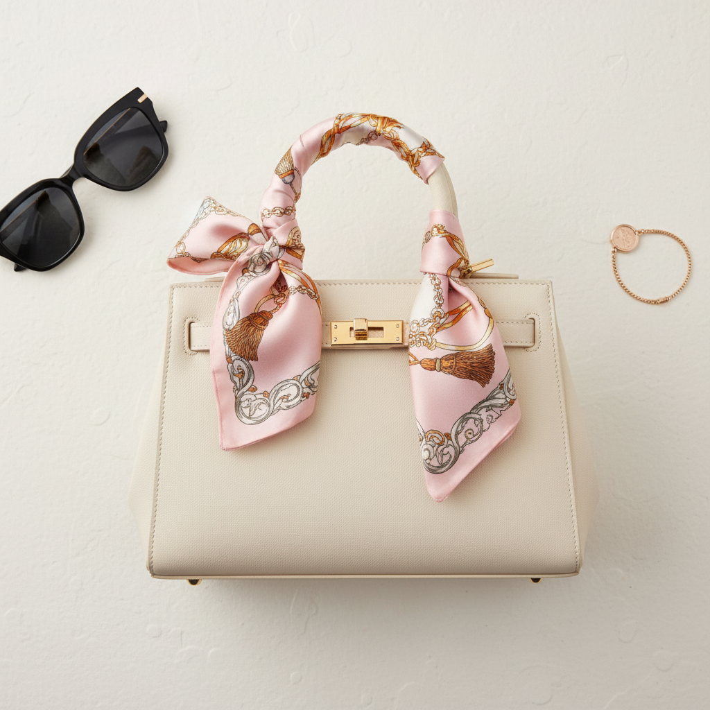 Pink chain print satin scarf tied to handbag handle as purse accent accessory
