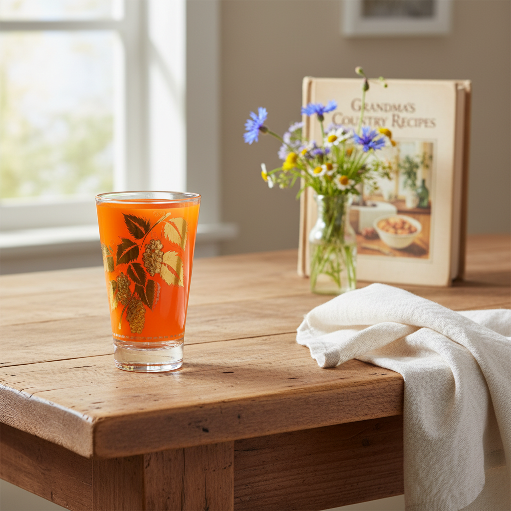 Vintage Libbey orange gold grape leaf glass on farmhouse kitchen table with wildflowers and linen napkin, cottage aesthetic barware