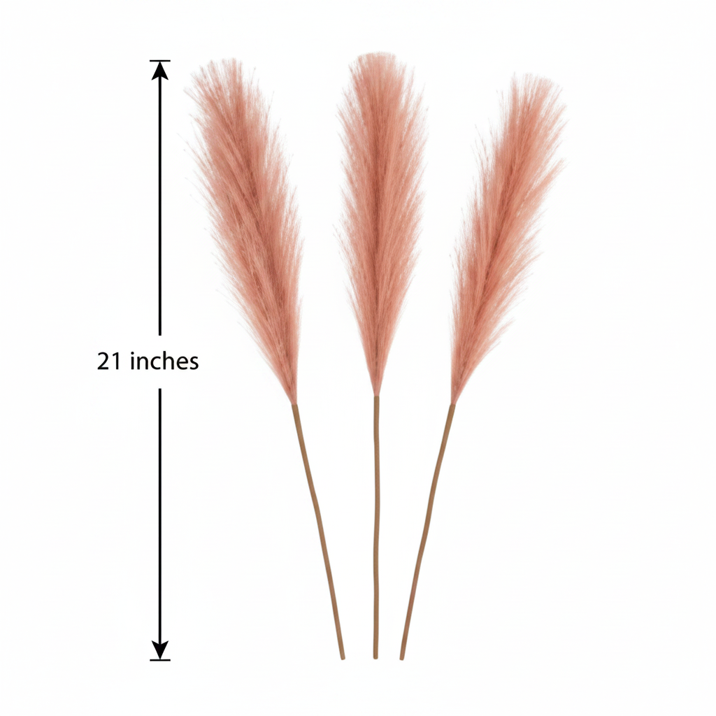Rose pink mauve faux pampas grass 3 stem measurement diagram showing 21 inches tall on white background