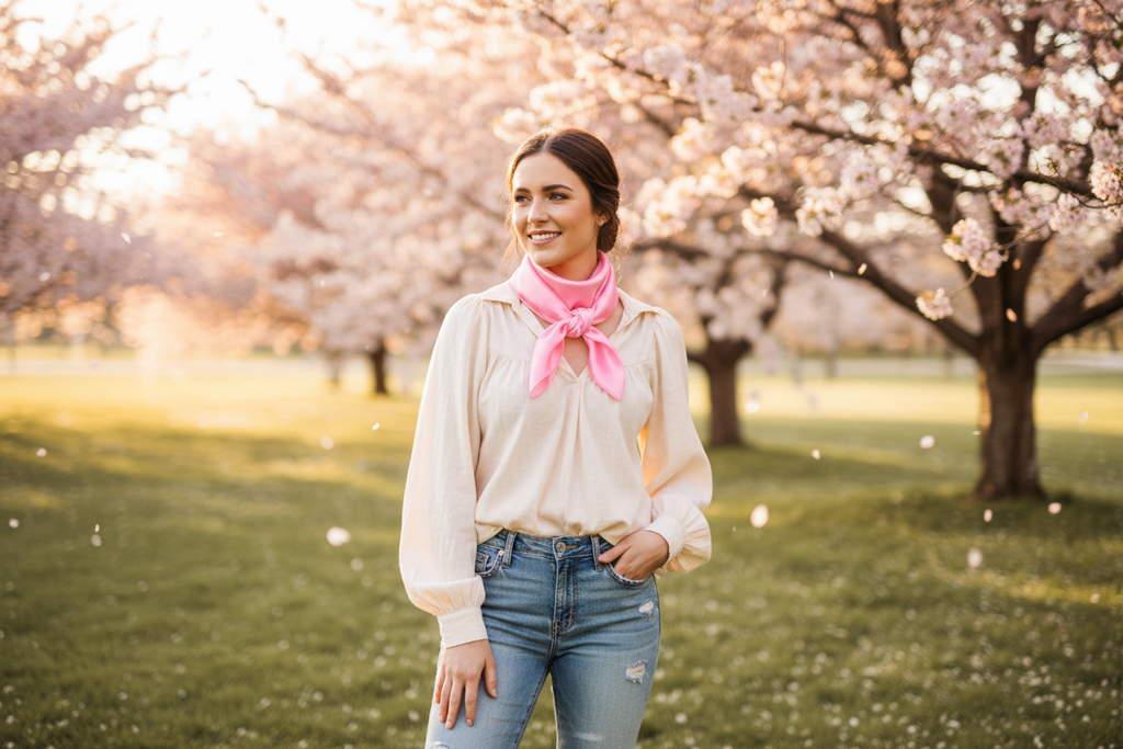 Light pink wild rag tied elegantly at spring wedding with cherry blossoms and soft blouse