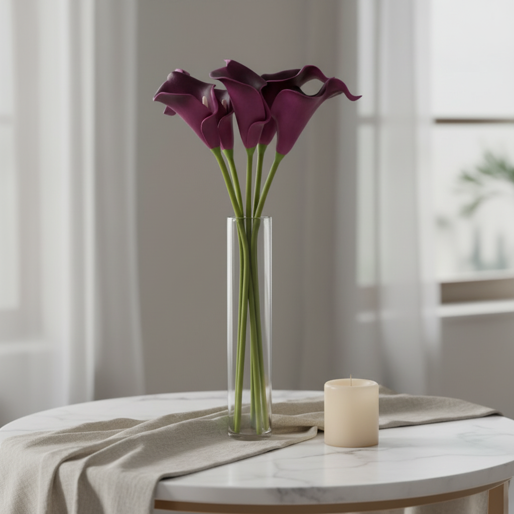 Plum purple artificial calla lily stems arranged in tall glass vase on marble table with candle - elegant home decor