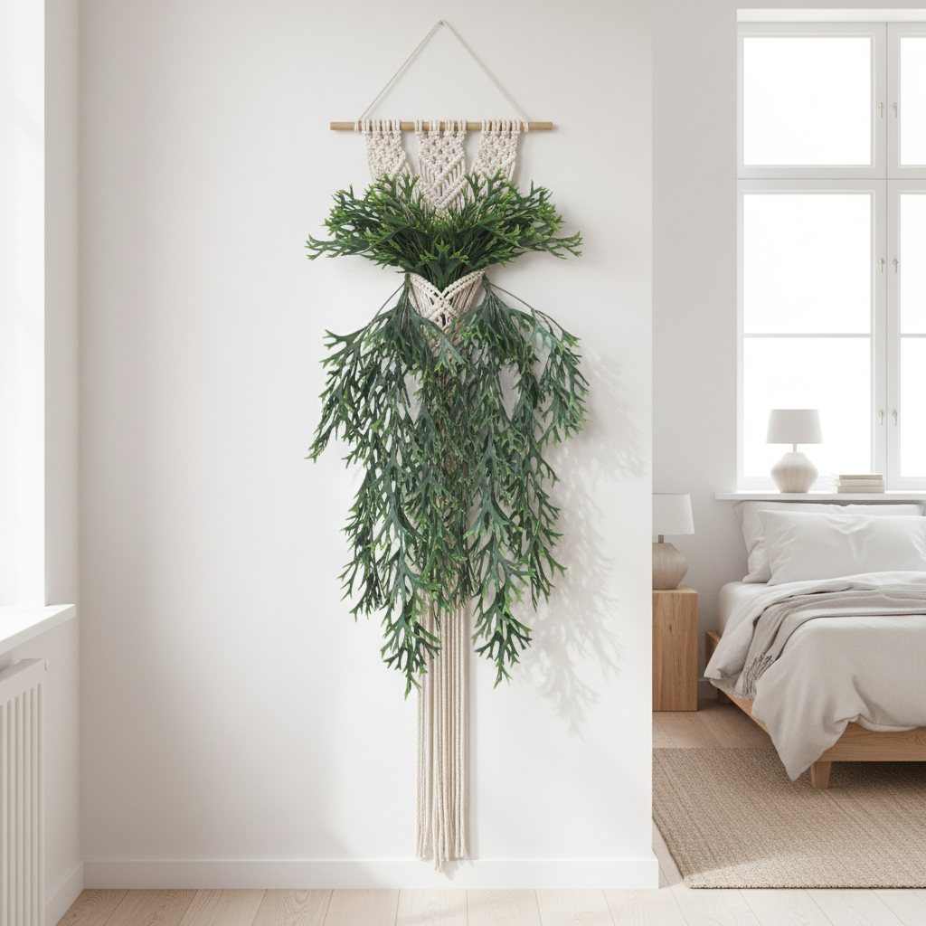 Two artificial staghorn fern bunches hanging from macrame wall hanger in minimalist bedroom - faux cascading greenery wall decor