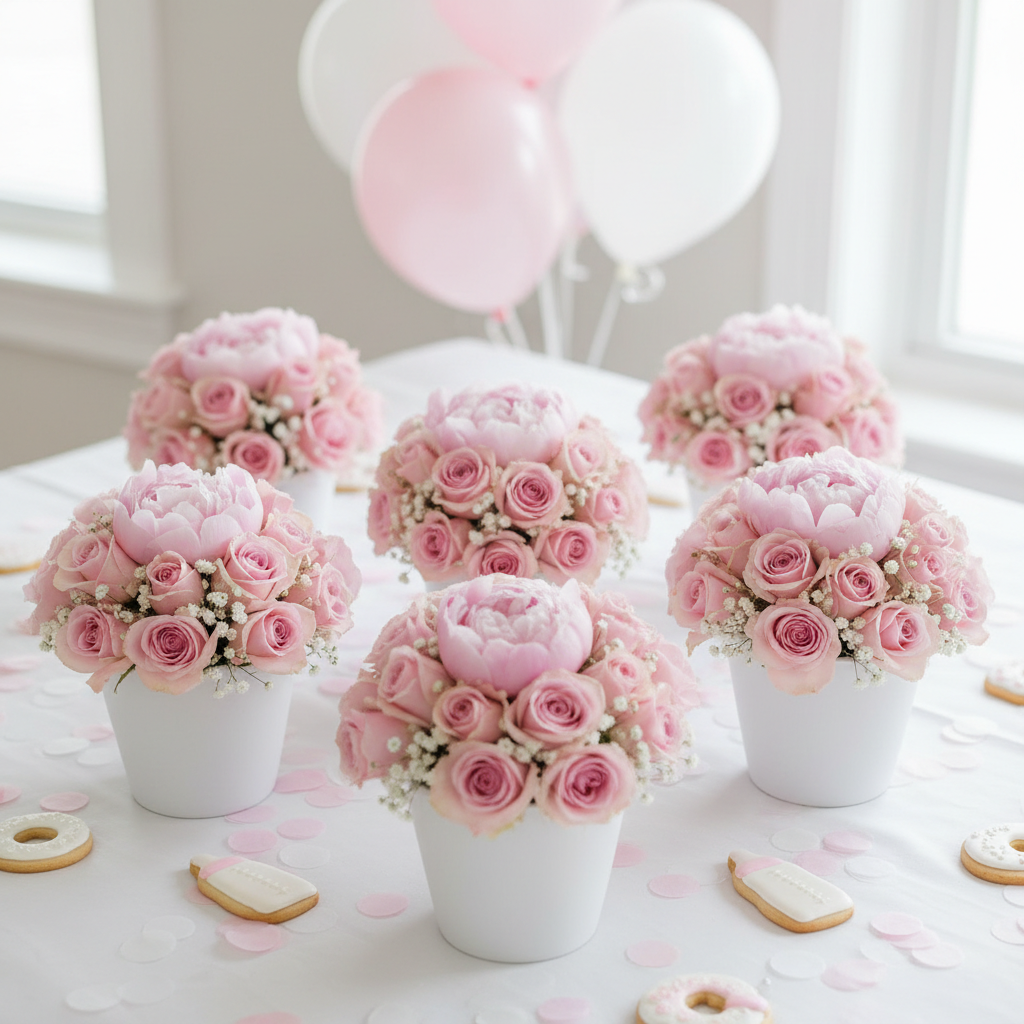 Six small fresh pink rose and blush peony centerpieces using wet floral foam blocks in white ceramic pots for baby shower or bridal shower