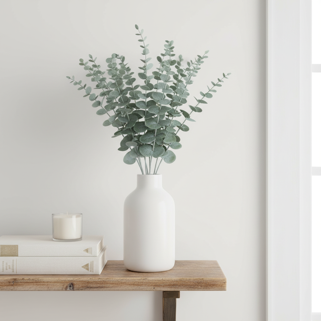 Farmhouse shelf styling with baby blue eucalyptus stems in white ceramic vase with neutral linen books and candle