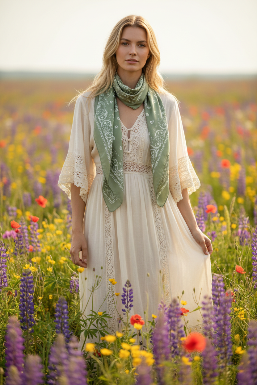 Woman with light skin tone and blonde hair wearing a sage green white paisley satin scarf loosely draped around the neck in a boho style with a flowy cream dress in a wildflower field