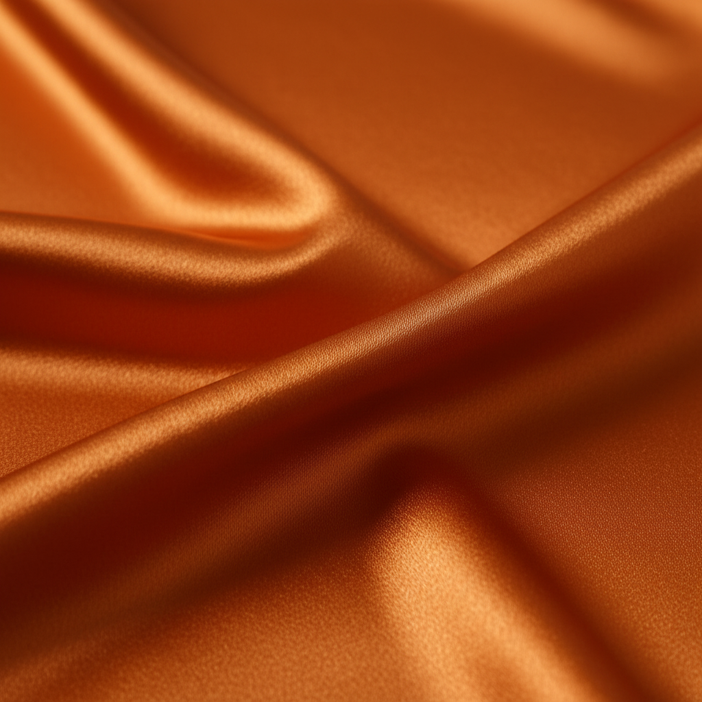 Close-up detail of burnt orange satin polyester fabric showing silk-like smooth finish and rich texture