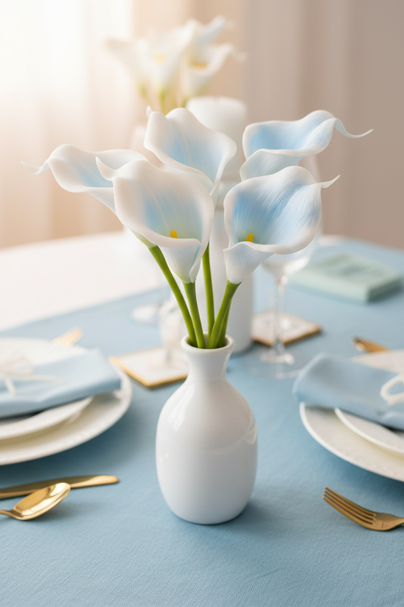 Baby blue and white artificial calla lily stems in a white vase on a baby shower table with pale blue linen and gold accents