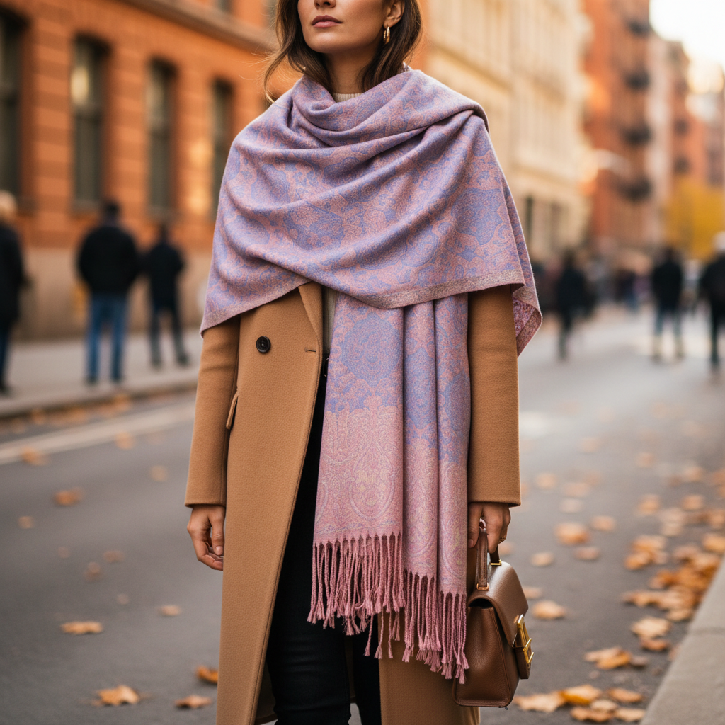 Woman wearing dusty blue blush pink paisley jacquard fringe shawl layered over camel coat on city street autumn street style