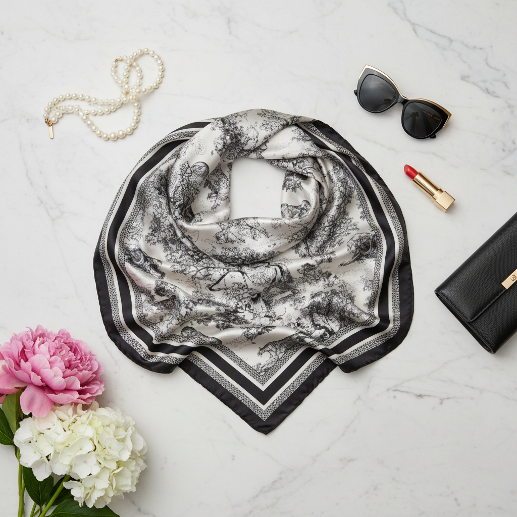 Black and white African jungle safari animal print satin scarf flat lay with pearl necklace sunglasses clutch purse fresh flowers on white marble