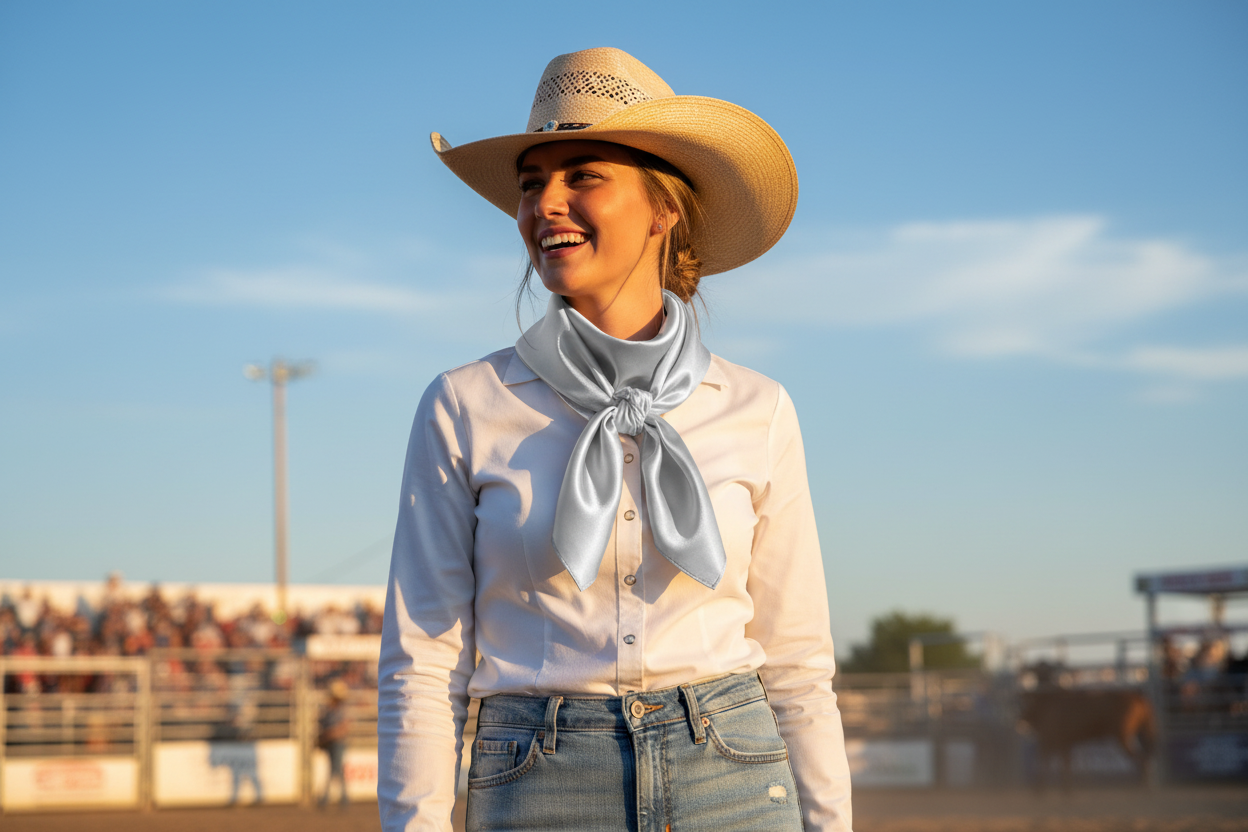 Silver gray wild rag worn at summer rodeo with blue sky, white western shirt and light denim