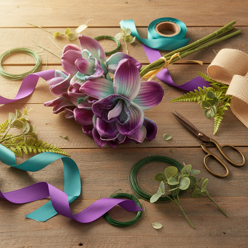 DIY craft flat lay with artificial purple teal orchid stems alongside floral wire, ribbon, and scissors on rustic wood table