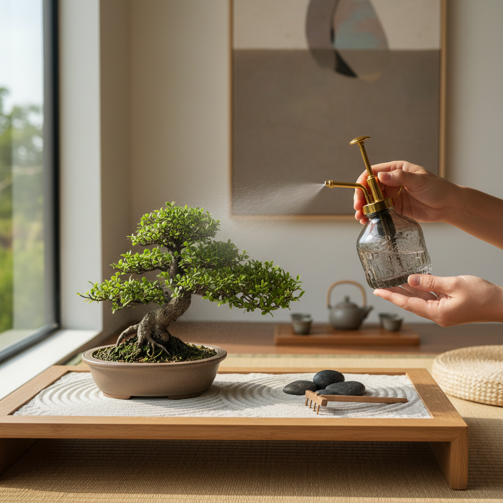 Hands misting delicate bonsai tree with smoke gray glass plant mister on minimalist wooden display table with zen garden elements