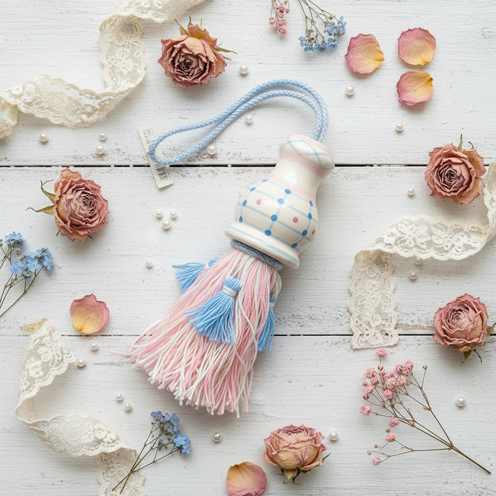 Vintage Ganz Bella Casa ceramic tassel ornament flat lay styled with dried roses, lace ribbon, and pearl beads on white surface